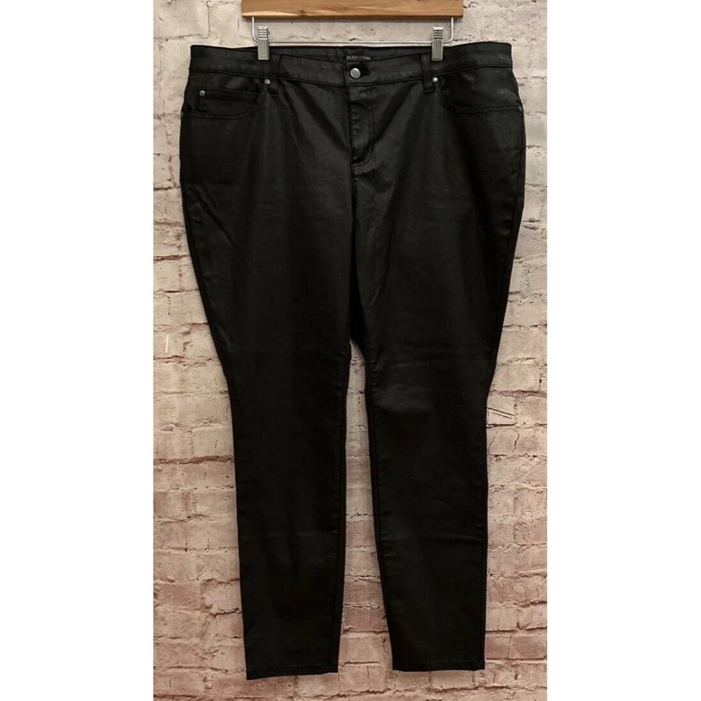 Eileen Fisher Woman Black Waxed Stretch Coated Organic Cotton Skinny Jean 18W